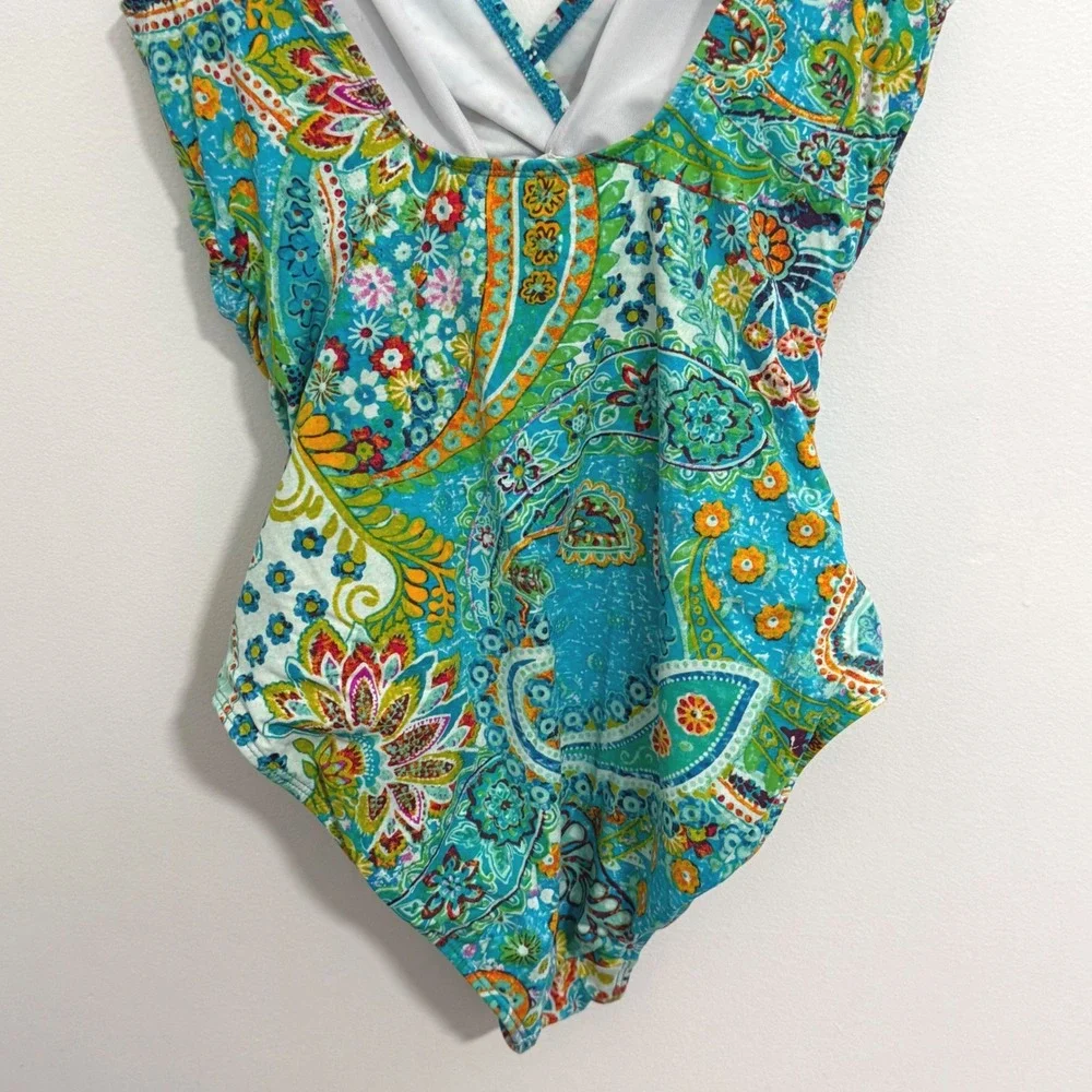 Lauren Ralph Lauren One Piece Swimsuit Women 8 Blue Paisley Floral Ruched V-Neck